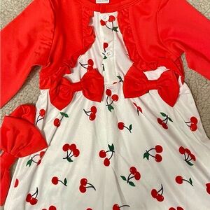Cherry Print Dress with attached shrug & bows and red headband 6-9 months NWT